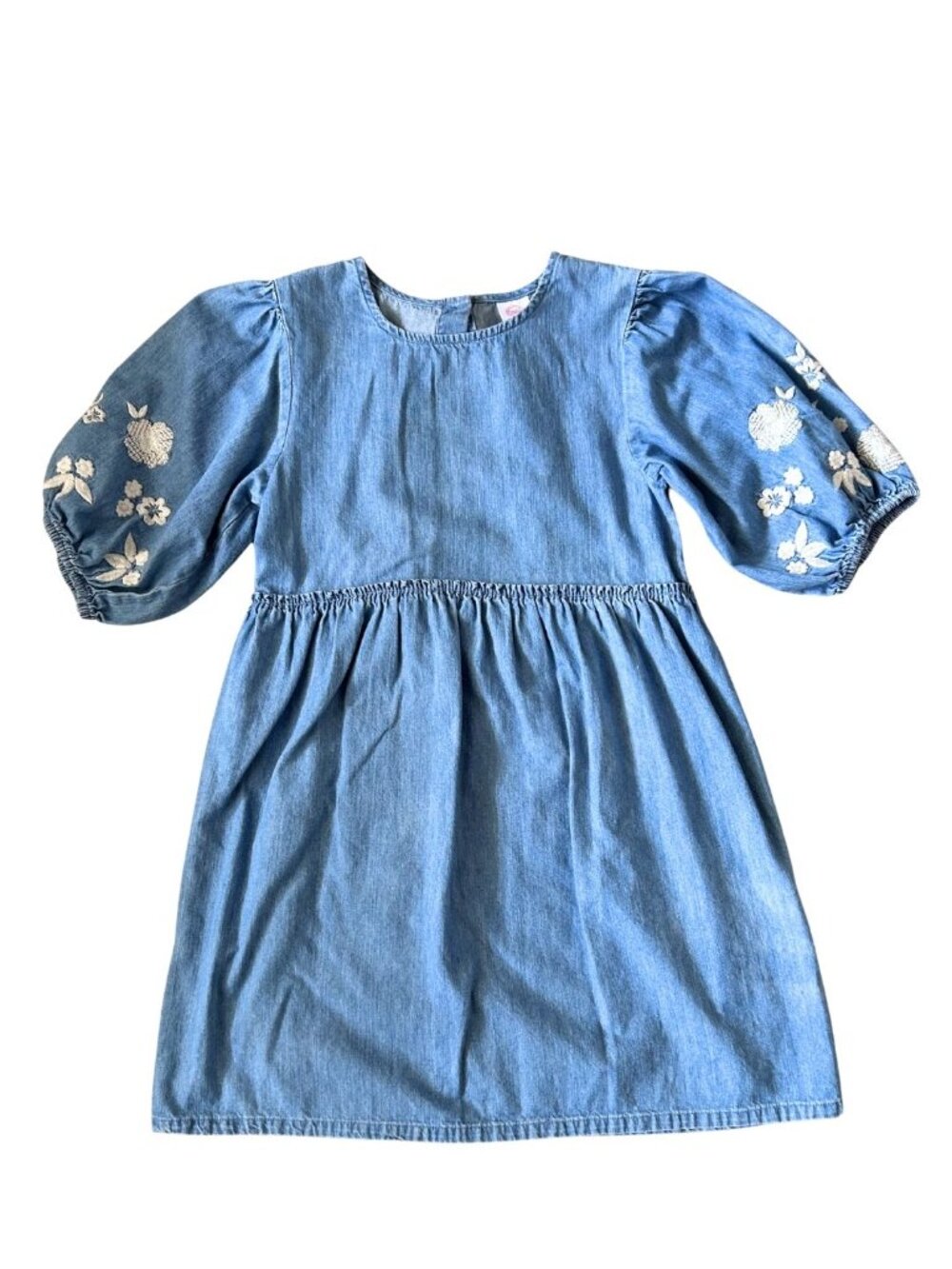Girls Denim Dress with Stitched Flowers, M (7/8)